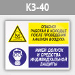 Знак «Опасно - работай в колодце после проведения анализа воздуха. Имей допуск и средства индивидуальной защиты», КЗ-40 (металл, 400х300 мм)